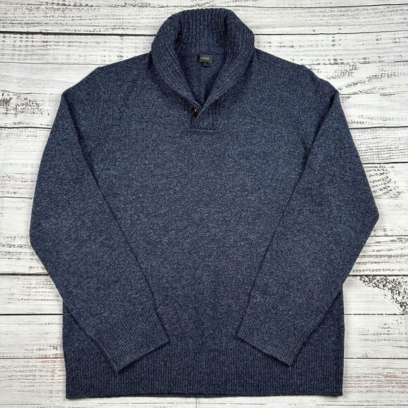 J. Crew Lambswool Sweater Mens Size Large Blue‎ Henley Cowl Button Neck Pullover - Picture 1 of 9